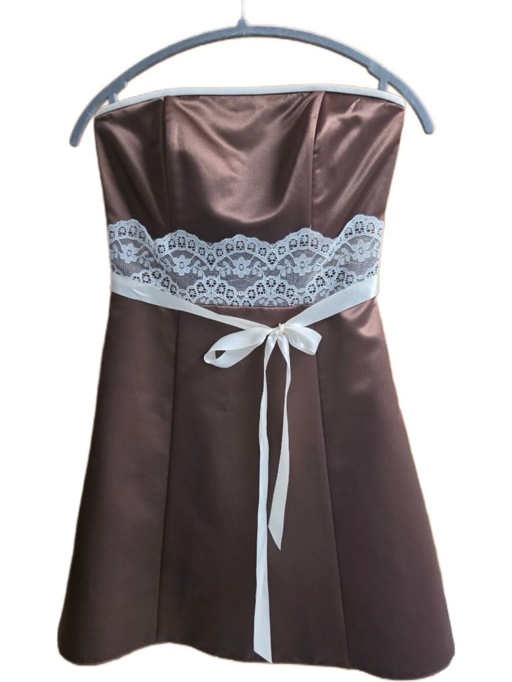 Vtg Jessica McClintock Gunne Sax Brown Satin Strapless Lace Mini Dress Y2K 90s